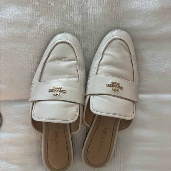 Coach Shoes - Coach White Leather Backless Loafers with Gold Logo